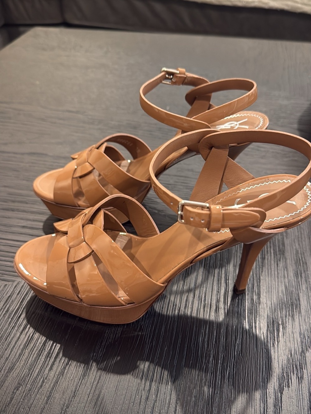 NIB Size 38. Yves Saint Laurent Patent Strappy Platform Heels - Tan
